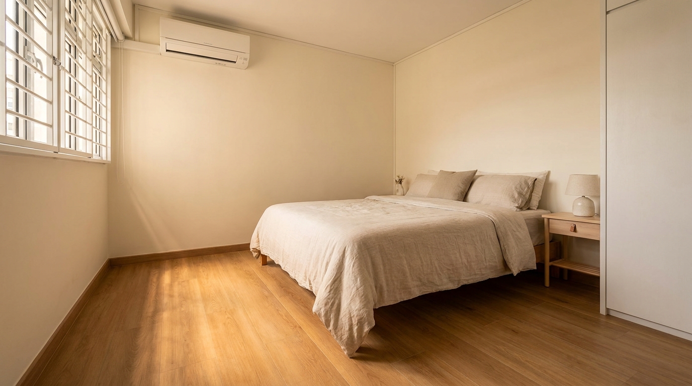 Warm honey-toned LVT vinyl flooring in a Singapore HDB bedroom with grilled window and split-unit aircon