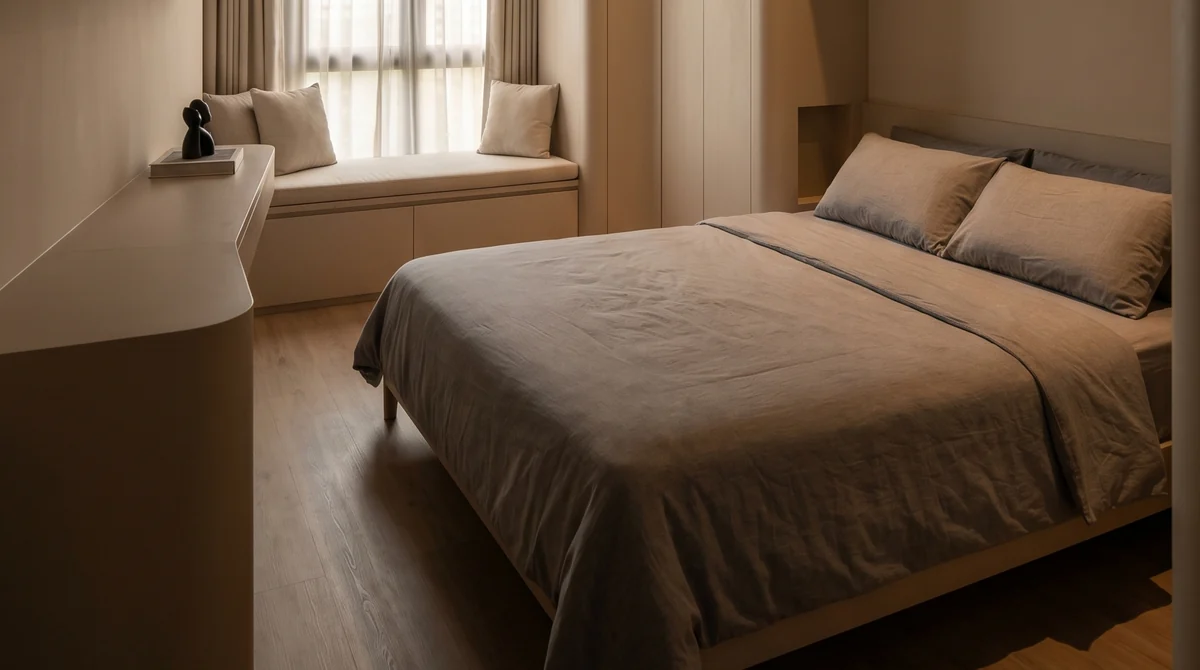 Light wood-look vinyl plank flooring running under the bed in an LN bedroom project