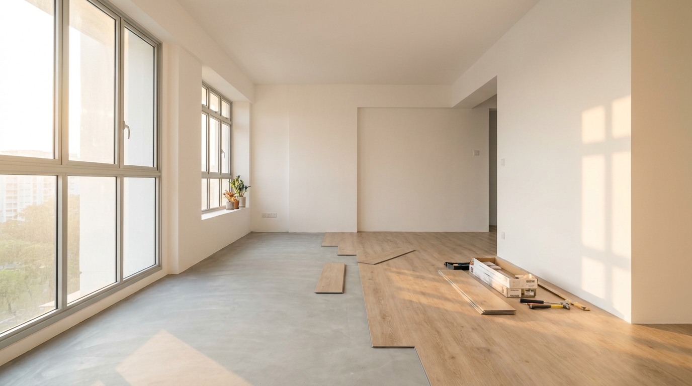 A bright empty new BTO HDB flat with fresh wood-look vinyl flooring being laid over bare cement screed in natural daylight