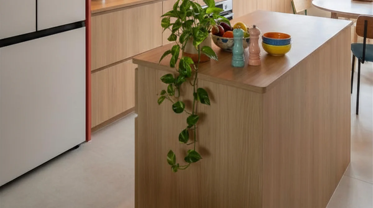 BTO flooring in Singapore: pale stone-look flooring through a new flat’s kitchen and dining area