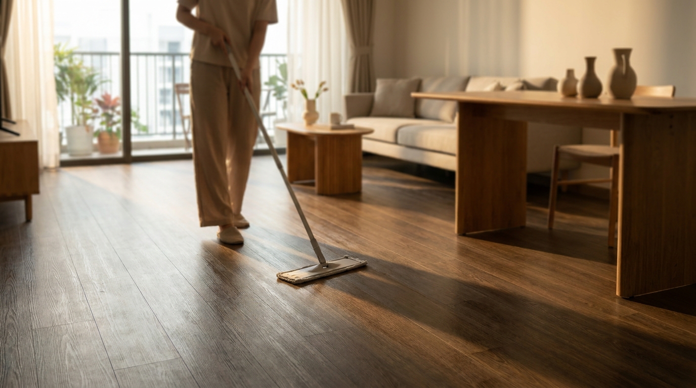 Mopping a wood-look LVT vinyl floor with a microfibre mop in a bright, modern Singapore home