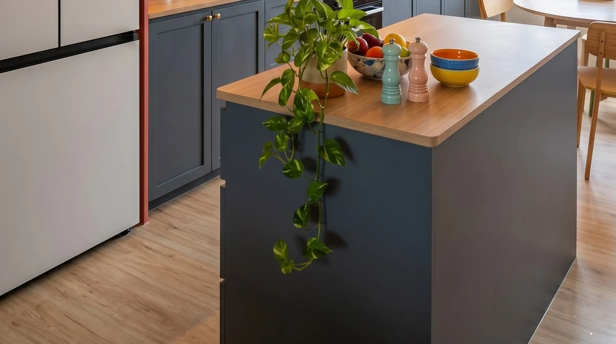 Wood-look vinyl plank flooring running past a kitchen island in an LN project