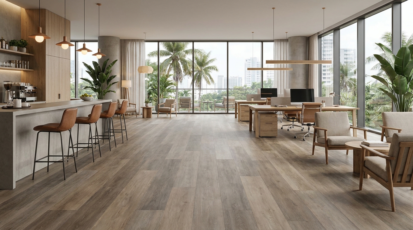 Commercial flooring Singapore: a modern open-plan office and cafe interior with premium stone-look LVT vinyl flooring, warm lighting and floor-to-ceiling windows