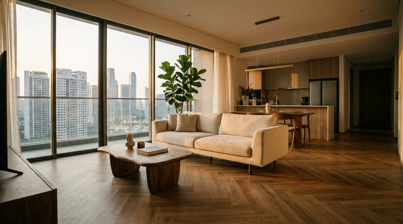 Living room flooring ideas for Singapore condos - herringbone LVT vinyl in a high-rise condo with floor-to-ceiling windows