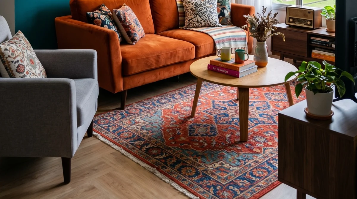 Warm wood-look vinyl plank flooring in an LN living room, part covered by a patterned rug