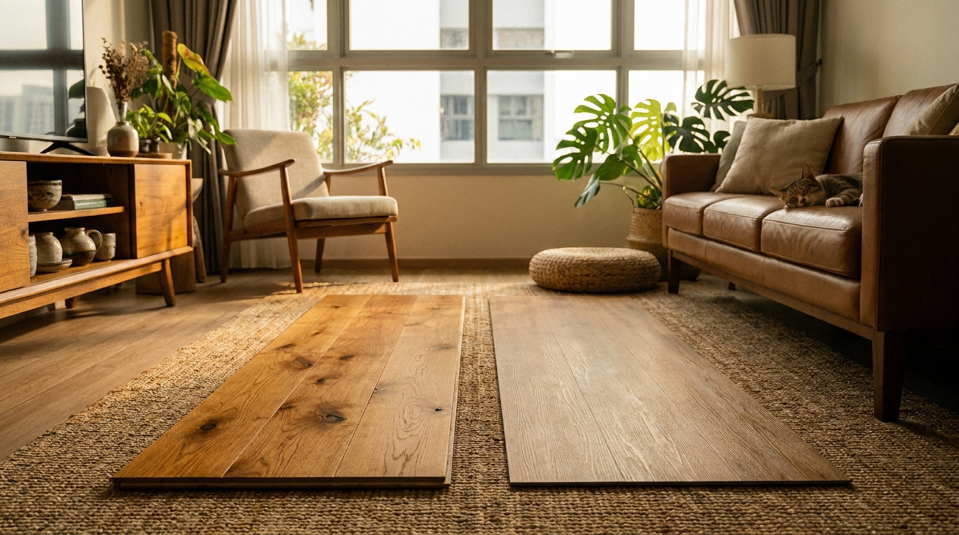 Side-by-side of a real engineered-wood plank next to a wood-look vinyl plank in a warm Singapore interior