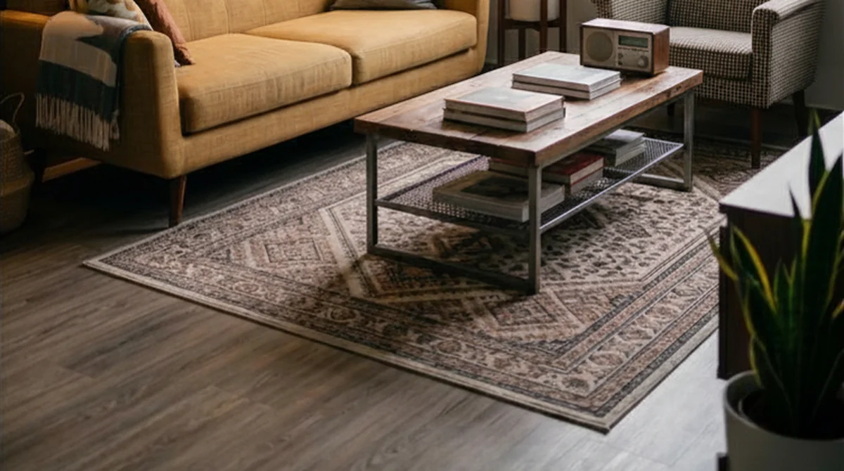 Grey-toned wood-look vinyl plank flooring in an LN living room