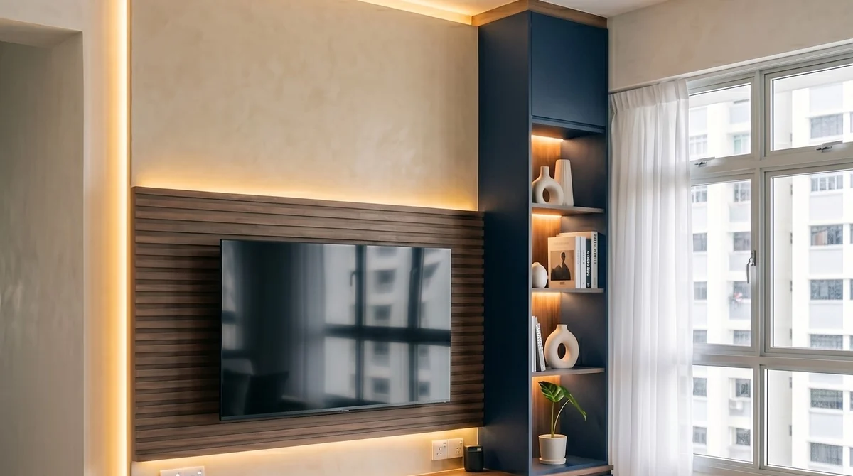 Timber slat feature wall behind a wall-mounted TV with integrated navy joinery, in an LN living room