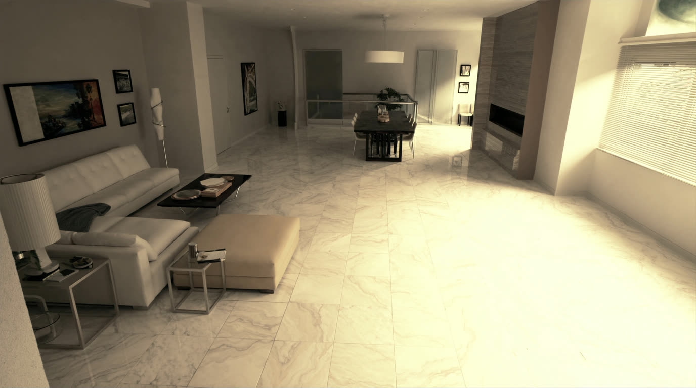 Large-format marble-look floor tiles in a bright Singapore condo living and dining space