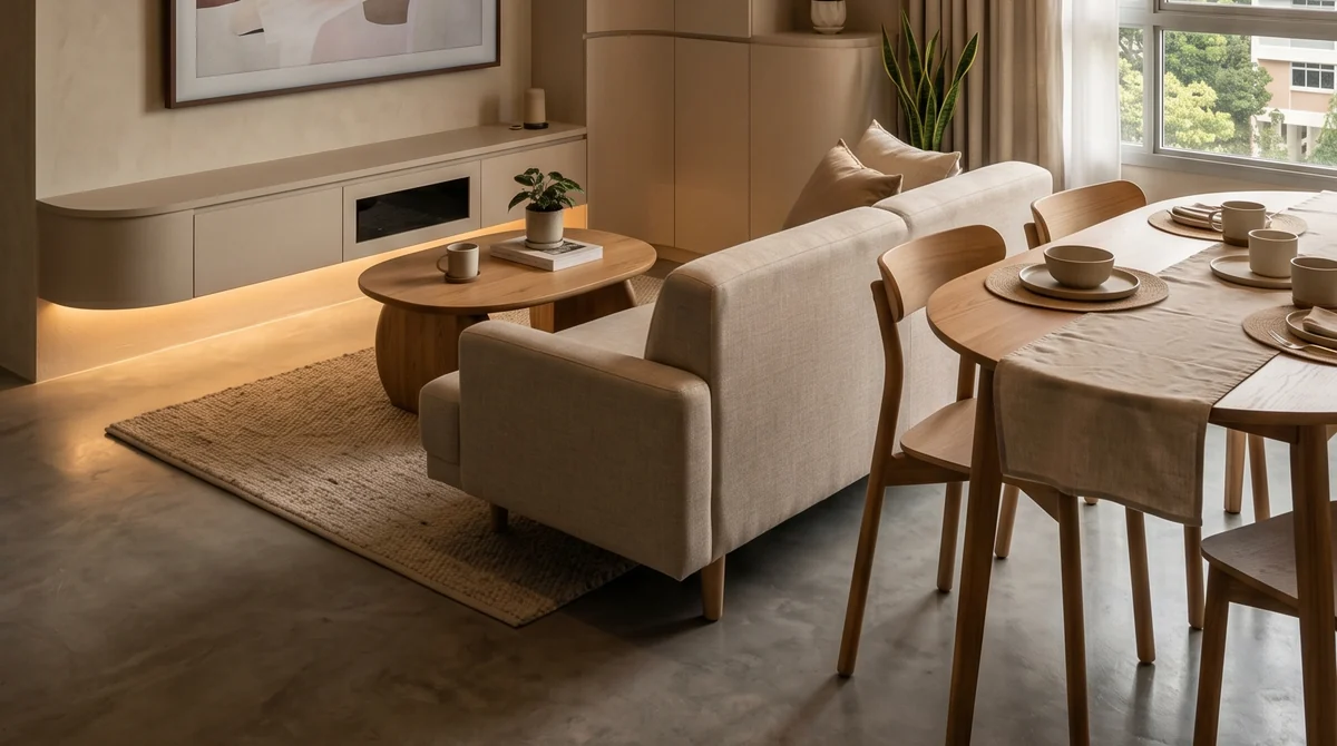 Large-format tiled floor across an LN living and dining area