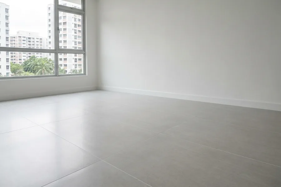 Finished large-format light grey porcelain tiled floor in an empty Singapore HDB living room