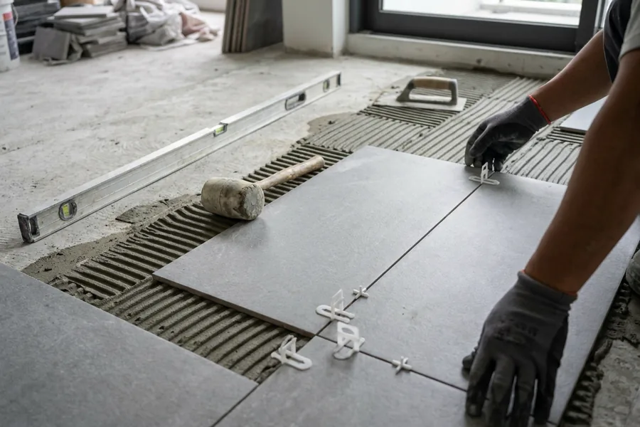 Large-format grey porcelain floor tiles being set into ridged adhesive with levelling clips and spacers
