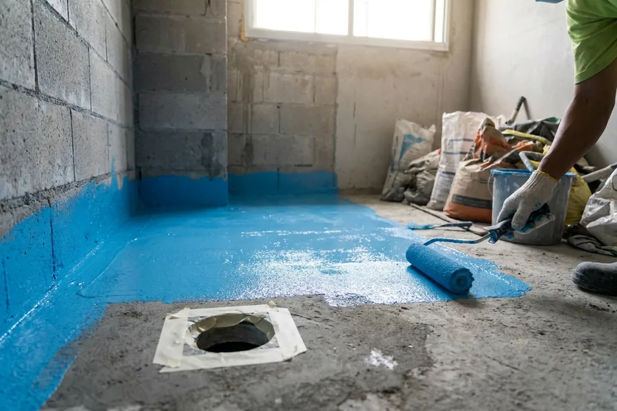 Blue liquid waterproofing membrane rolled onto a bathroom floor and up the base of the wall, with the floor waste masked off, before tiling