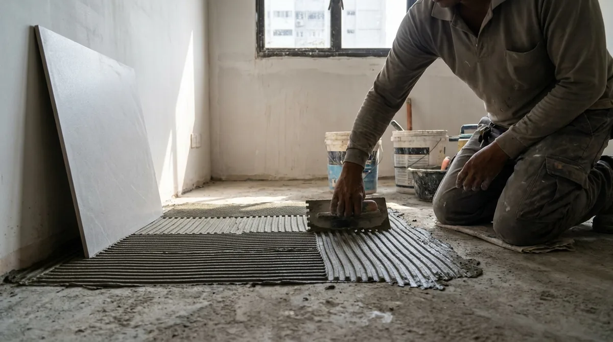 Tiler spreading grey tile adhesive with a notched trowel on a bare screed floor, with a large-format porcelain tile ready alongside