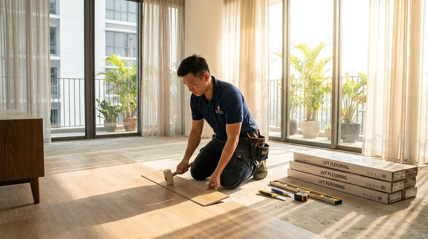 A professional flooring contractor in Singapore kneeling to lay wood-look LVT vinyl planks in a bright HDB home, with installation tools and spare planks beside him