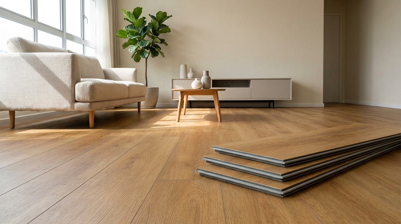 Vinyl plank thickness explained: a cross-section view of LVT flooring boards showing the 0.5mm clear wear layer over the printed design and the 5mm to 6.5mm core
