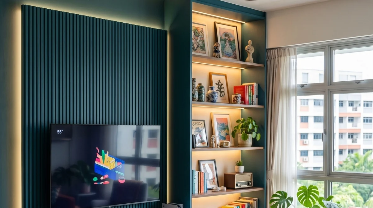 Teal vertical fluted wall panel behind a TV, with lit display shelving alongside, in an LN project