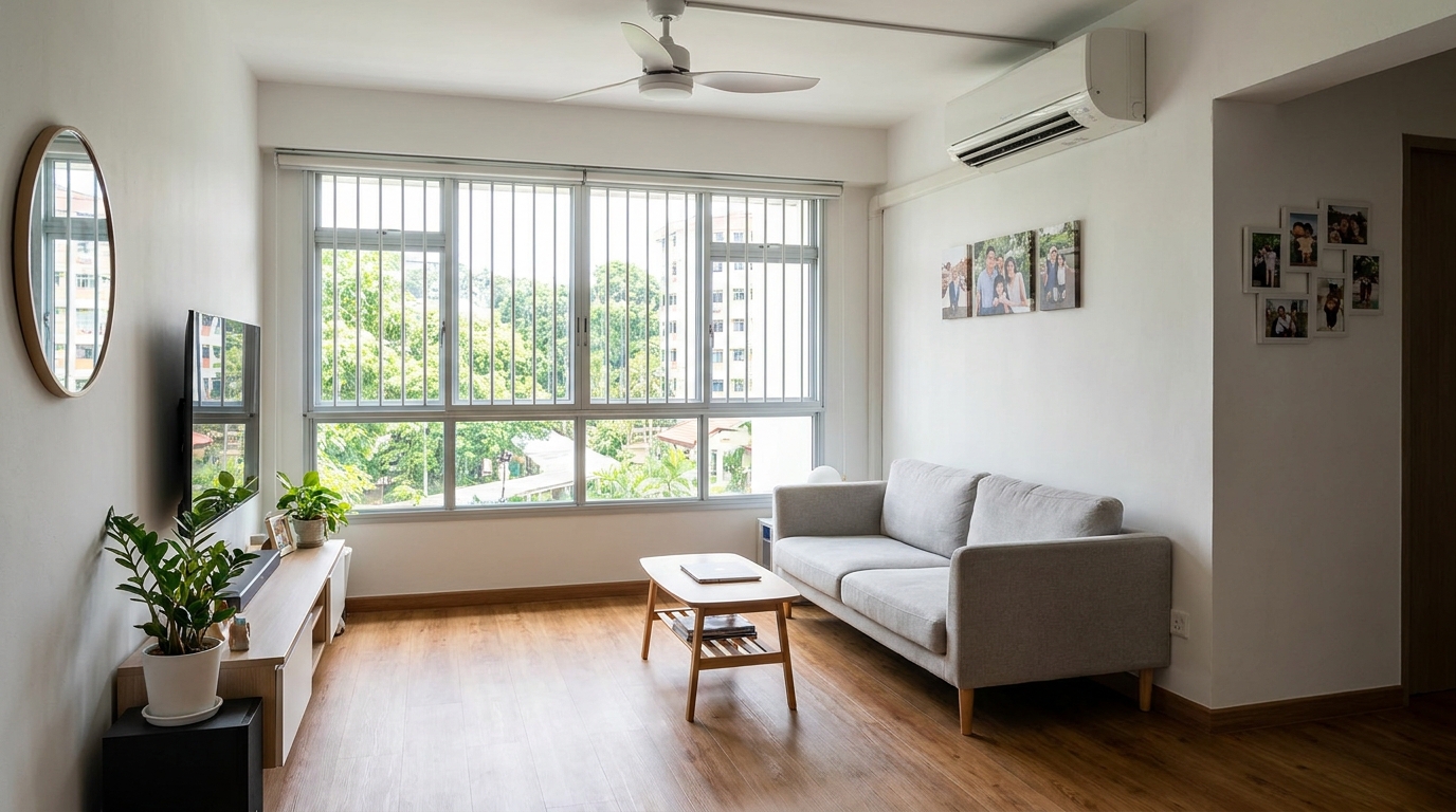 Singapore HDB flat living room with new SPC vinyl flooring in warm oak finish — a common flooring renovation in 2026
