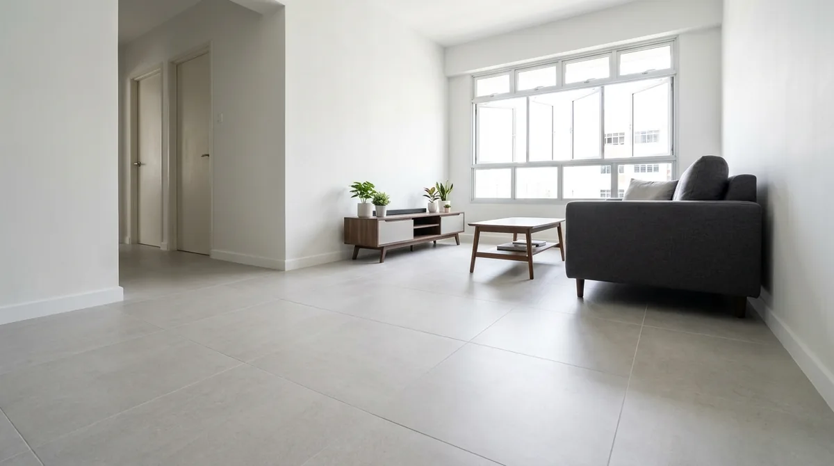 Large-format light grey porcelain floor tiles newly laid in a Singapore HDB flat living room