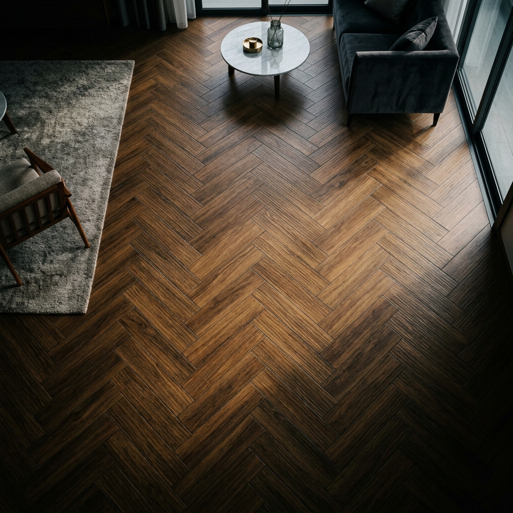 Premium herringbone vinyl flooring pattern in a Singapore home