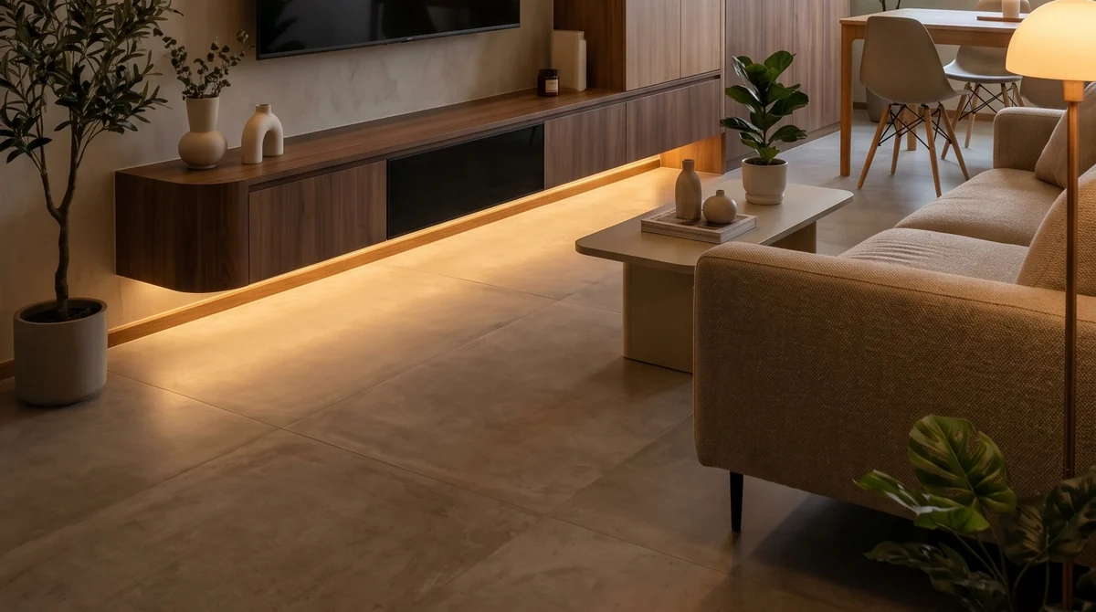 Large-format tiled floor running through an LN living area beneath a low timber console