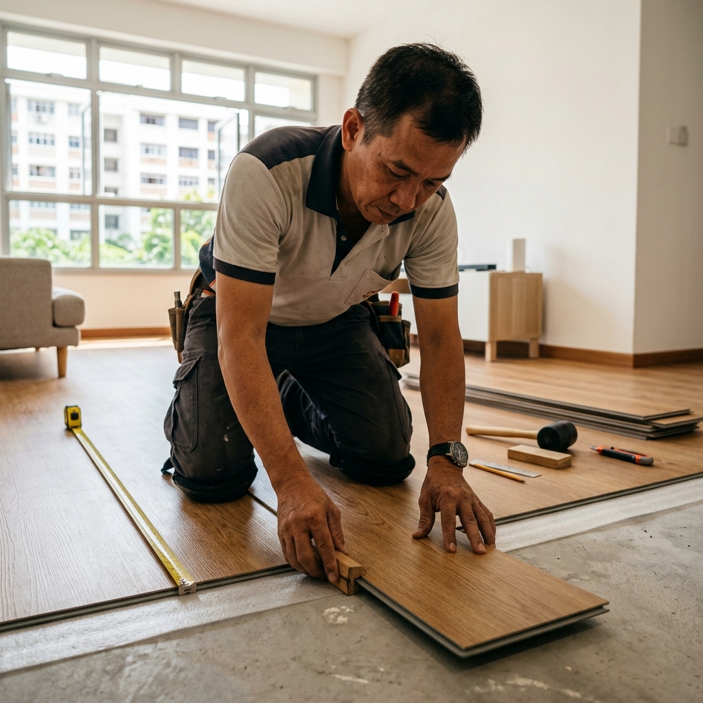HDB flooring installation in progress in a Singapore flat