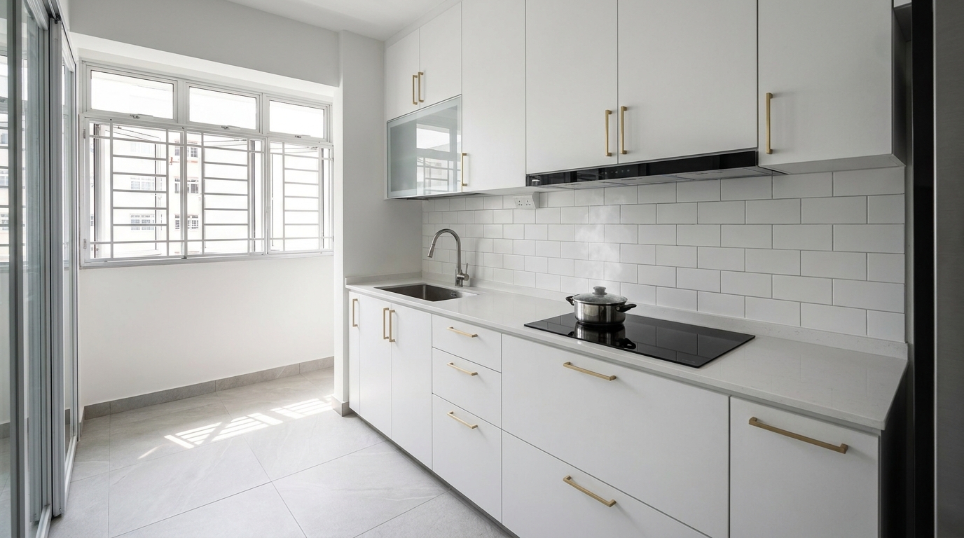 Best flooring for HDB kitchen and bathroom Singapore - large-format porcelain tiles in a compact HDB wet area