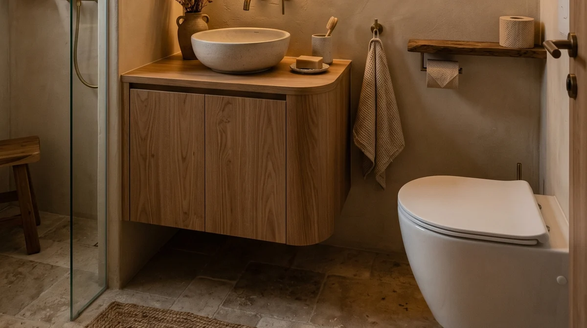 Stone-look tiled bathroom floor beneath a timber vanity in an LN project