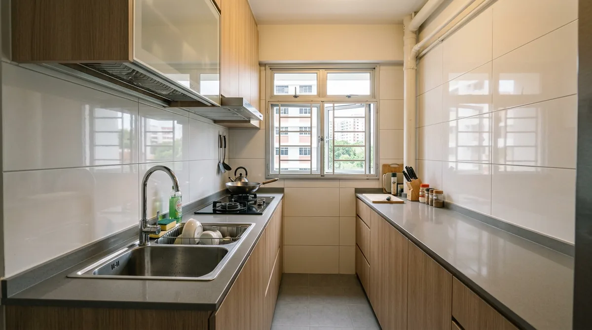 Compact HDB galley kitchen with white 300x600 glossy wall tiles running full height behind a gas hob and sink, and a window with a grille