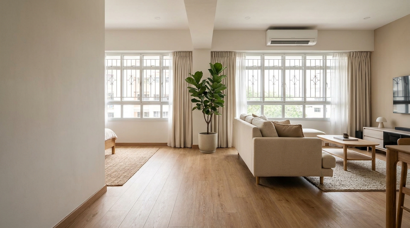Laminate flooring in Singapore: warm wood-look laminate planks in a bright modern HDB living room with window grilles and a split-unit aircon