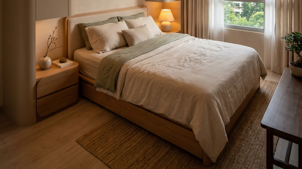 Wood-look plank flooring in a Singapore HDB bedroom — the vinyl alternative to laminate flooring