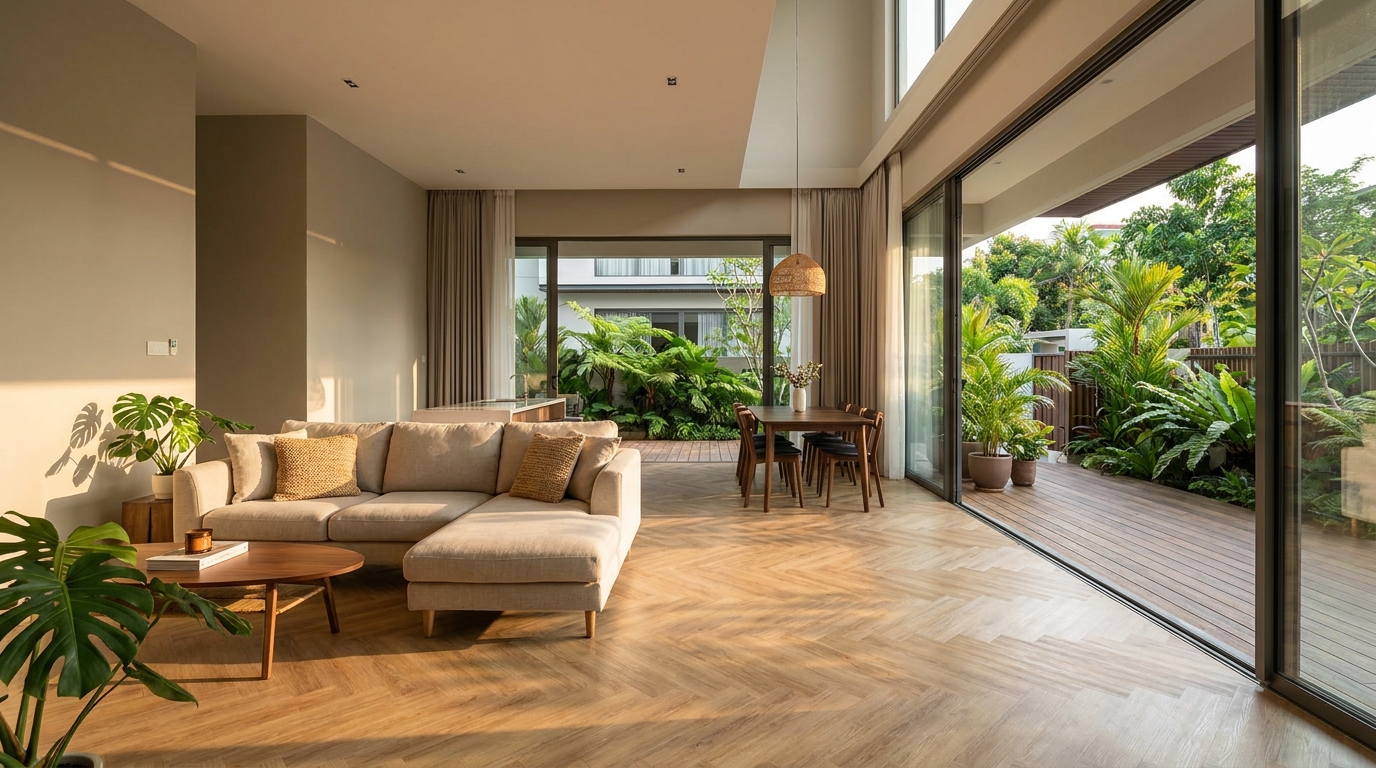Best flooring for landed property Singapore - premium herringbone LVT vinyl in a modern terrace house living and dining area with floor-to-ceiling windows and tropical light