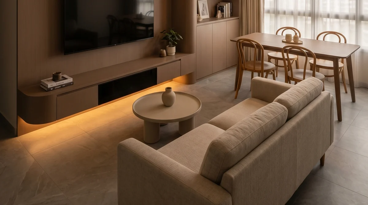 Large-format tiled floor through an open-plan LN living and dining space