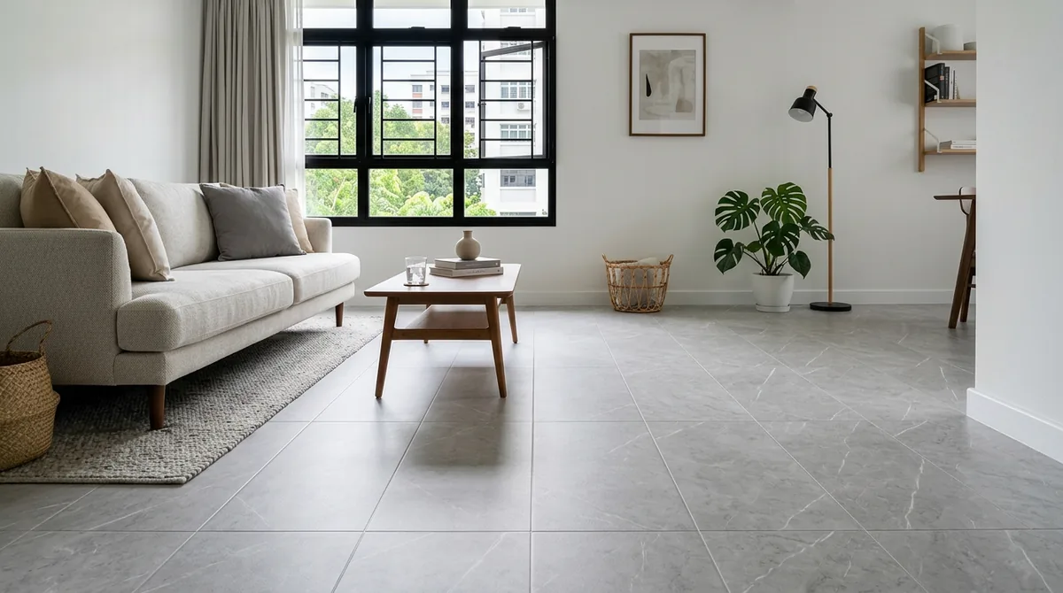 Light grey marble-look vinyl tiles with fine bevelled joints in a Singapore living room
