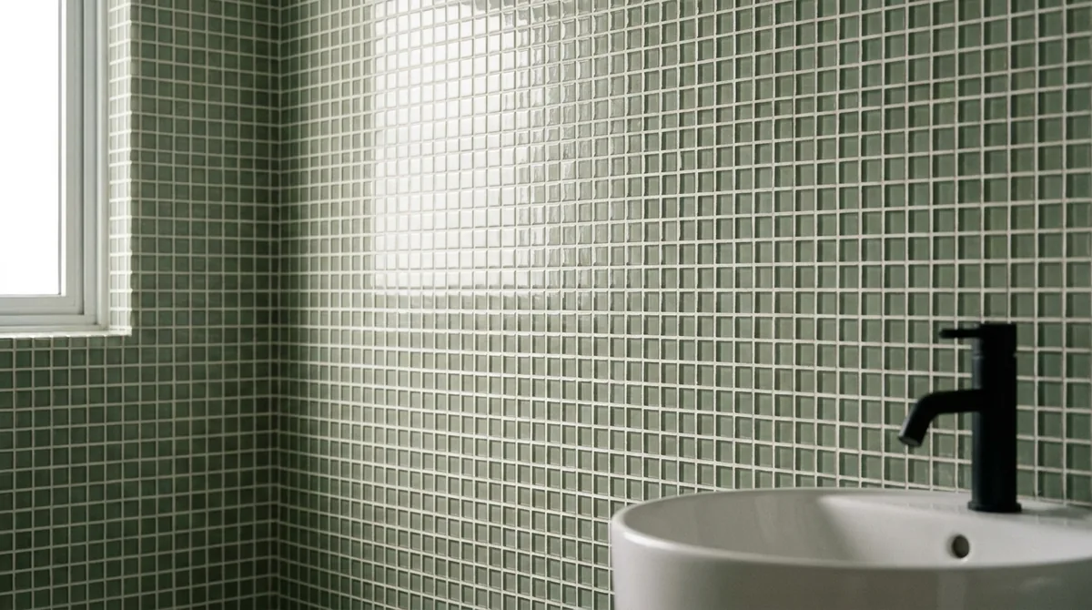 Sage green glass mosaic tiles covering a bathroom wall beside a white basin and matte black tap