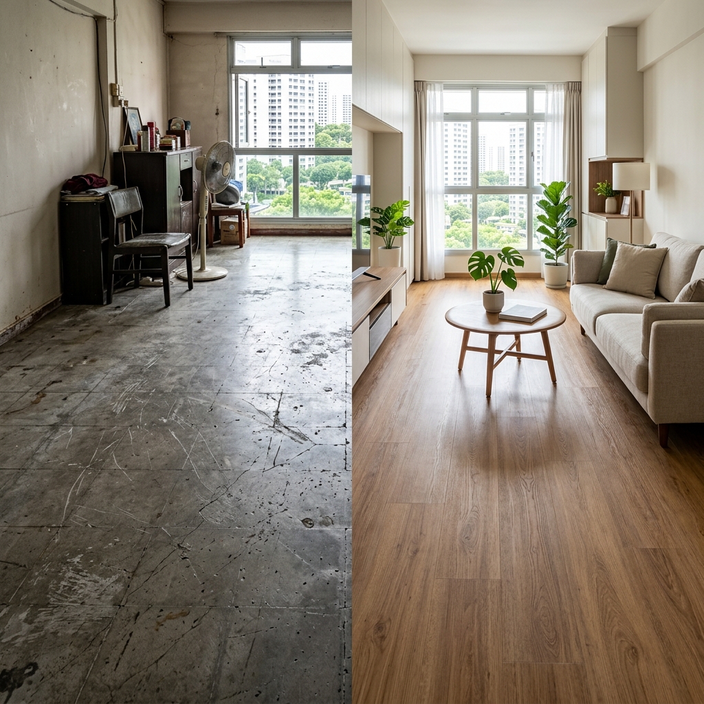 Vinyl overlay flooring installed over HDB tiles in Singapore