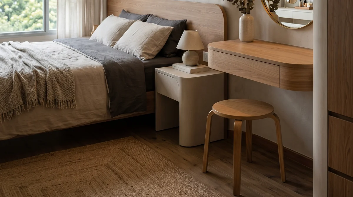 Overlay flooring in Singapore: wood-look vinyl plank flooring in an HDB bedroom