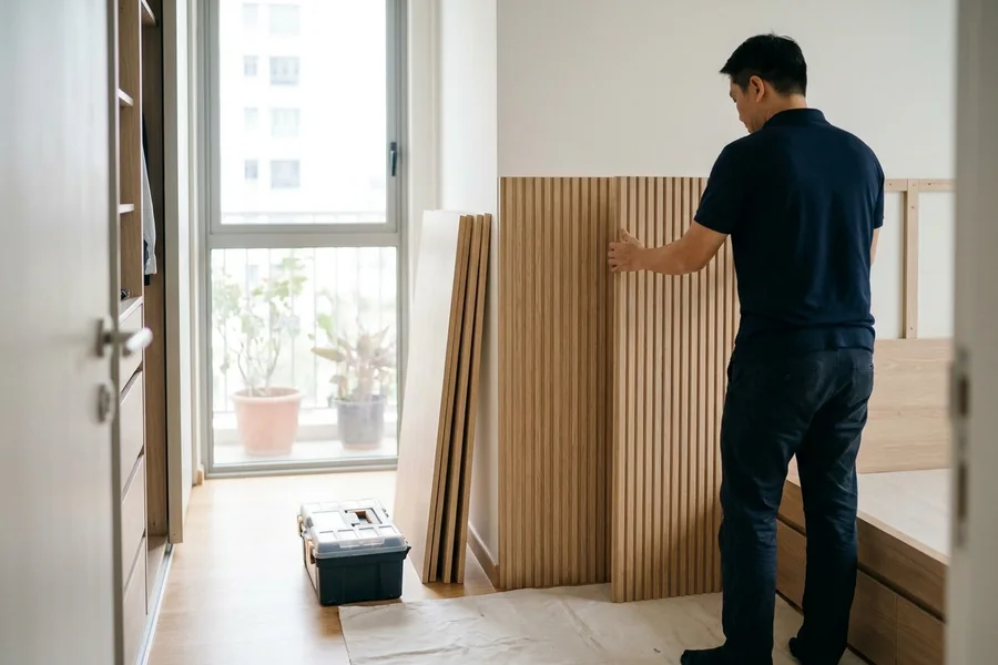 Installer fitting a vertical fluted wall panel to a bedroom wall in a Singapore flat
