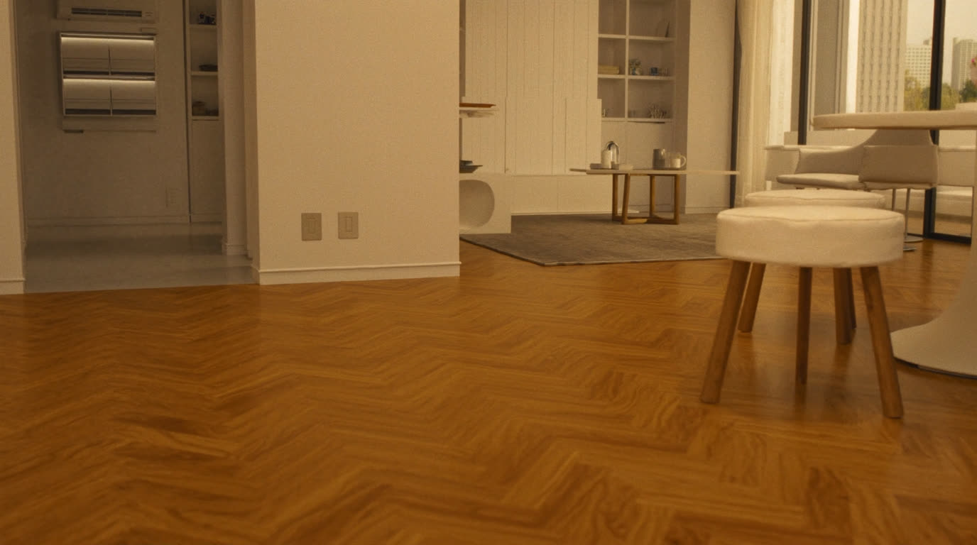 Warm herringbone-pattern wood-look flooring in a bright modern Singapore condo living room