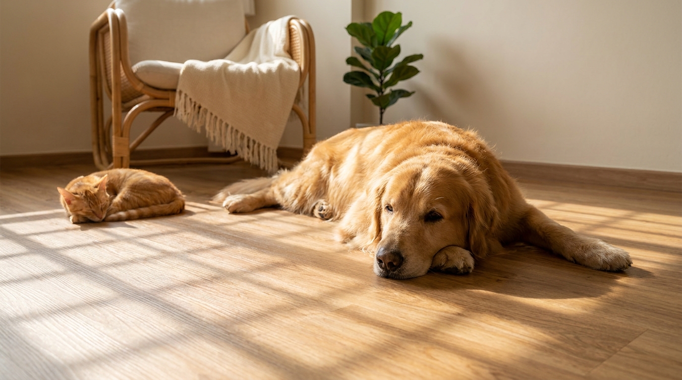 Pet-friendly flooring in Singapore - dog and cat resting on scratch-resistant LVT vinyl flooring in a HDB living room