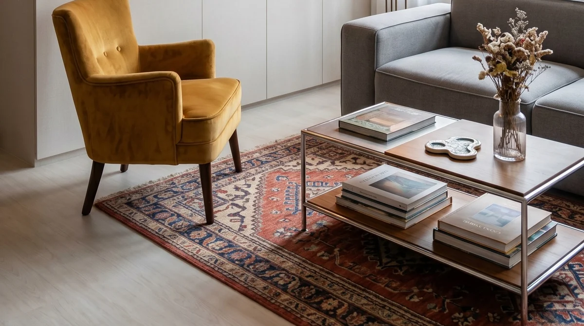 Wood-look vinyl plank flooring in an LN living room with a rug and armchair