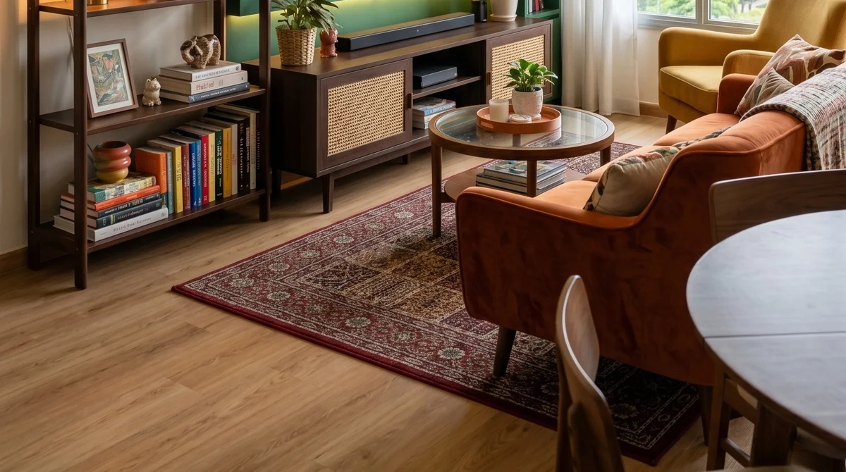 Wood-look LVT vinyl plank flooring in an LN living room, laid under a rug and shelving