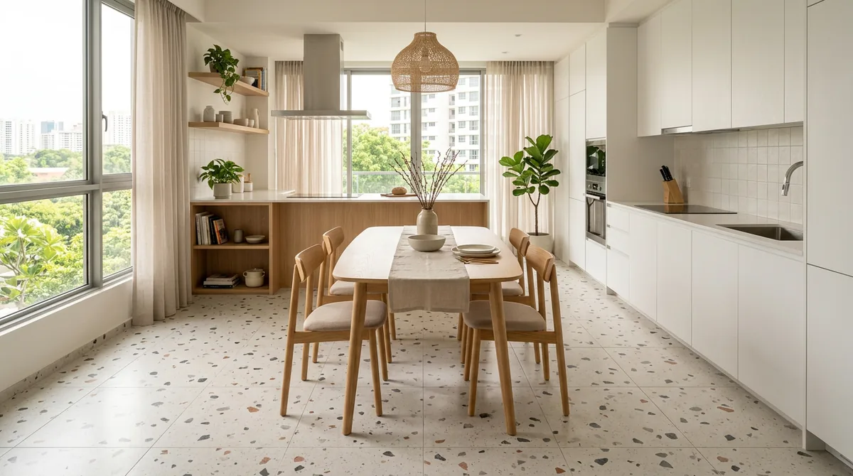 Terrazzo look tiles in a bright condo kitchen and dining area: large-format white tiles speckled with multicoloured chips under a timber dining table