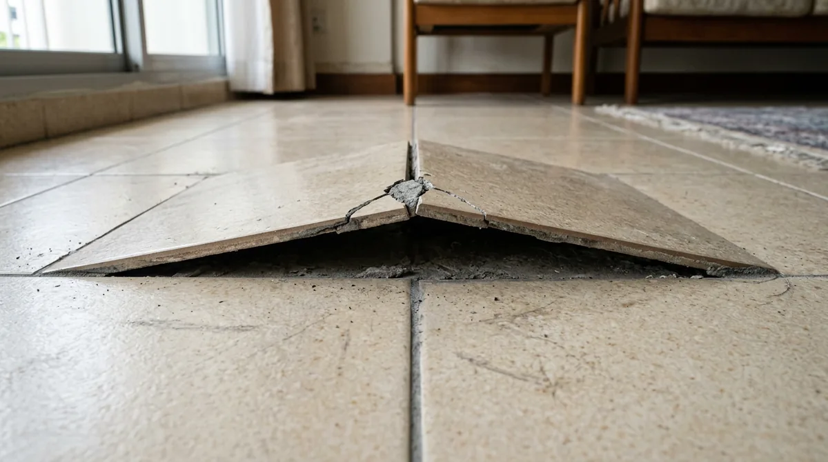 Popped up floor tiles in an HDB flat: two beige tiles tented into a ridge along their shared joint, cracked at the peak, in an older living room
