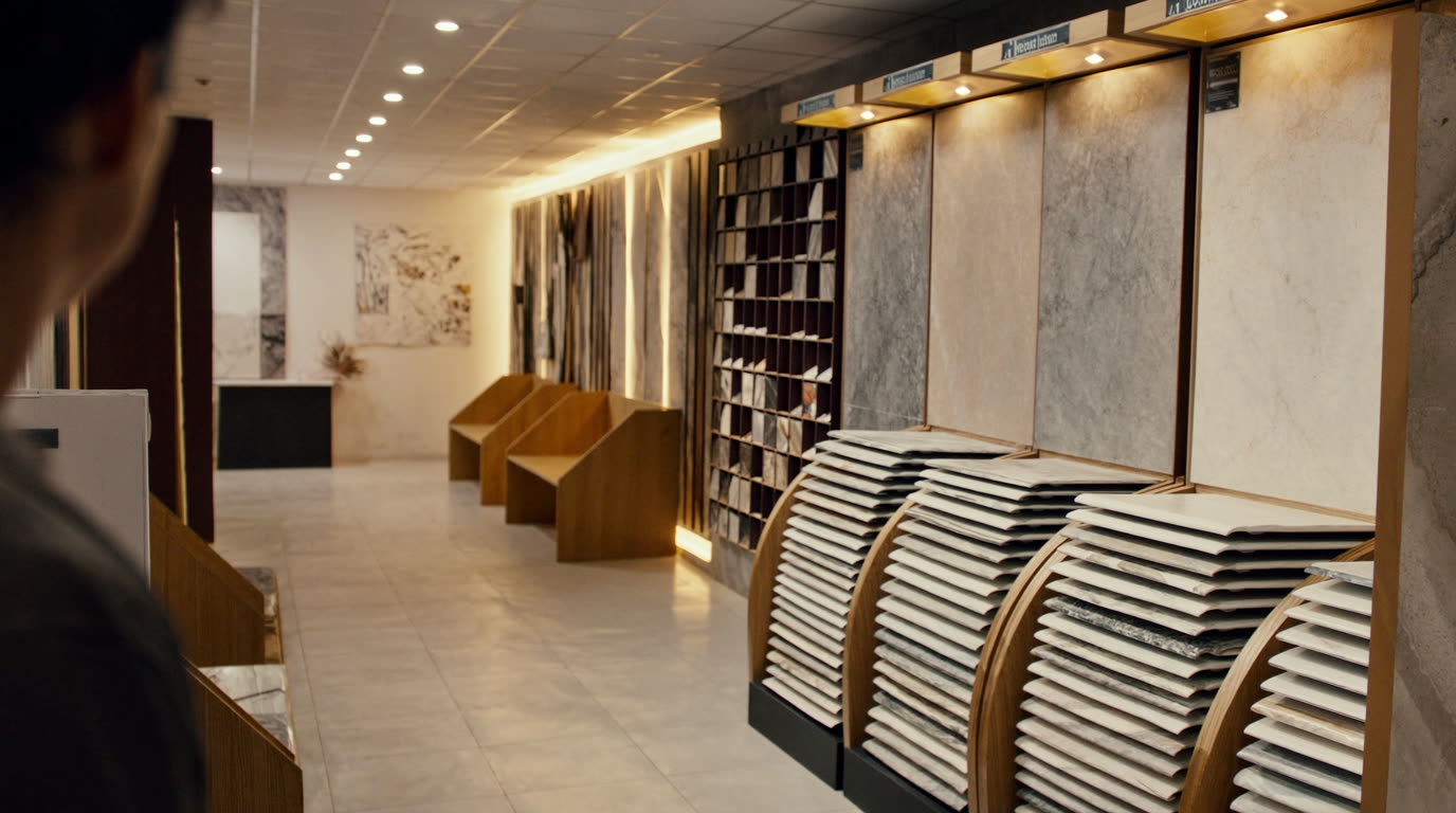 Warm showroom aisle with stacked porcelain and ceramic tile samples on display racks