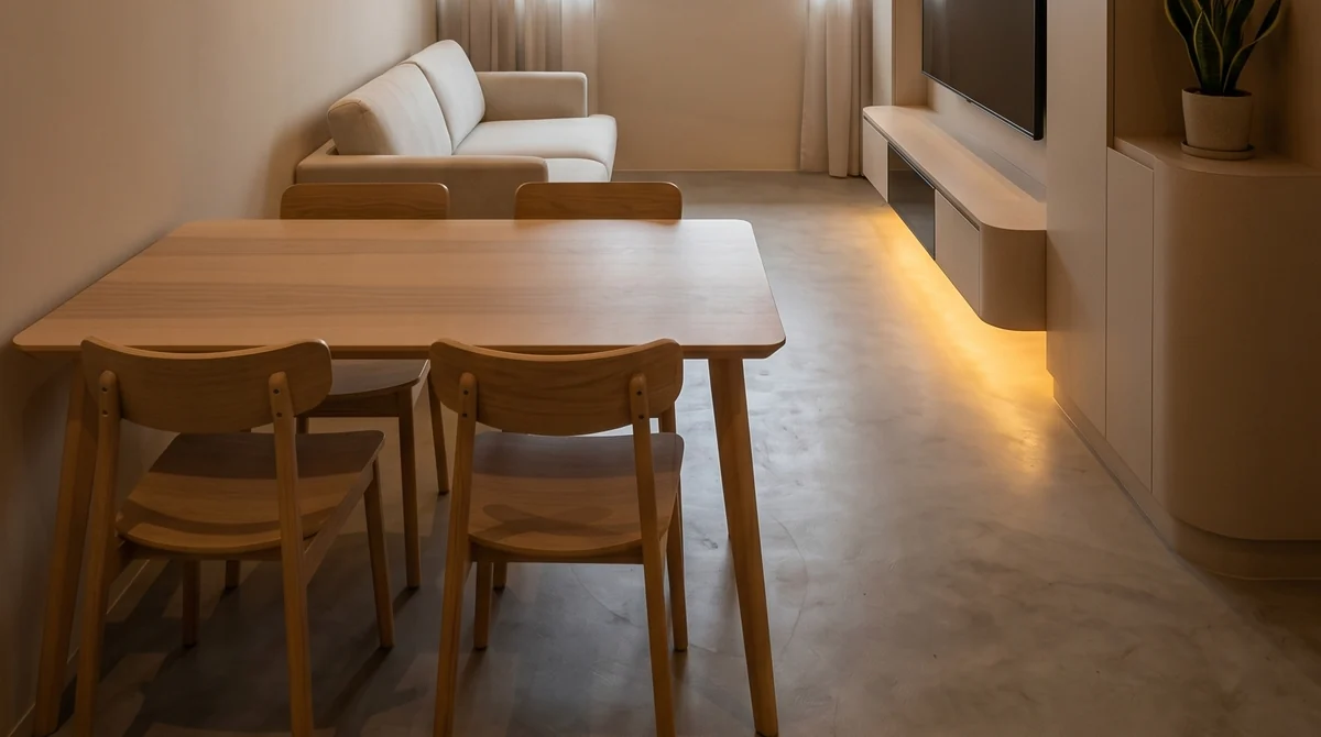 Large-format tiled floor in an LN dining area, lit along the joinery