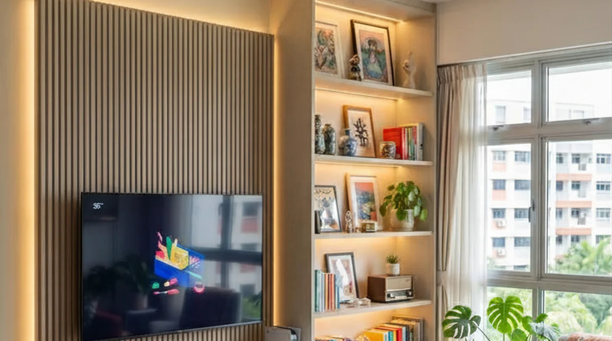 Cream vertical fluted wall panel behind a wall-mounted TV in an LN living room project