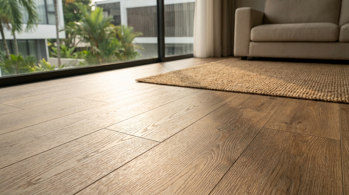Close-up of a wood-look vinyl floor in a Singapore home showing realistic grain detail, in an honest and considered mood