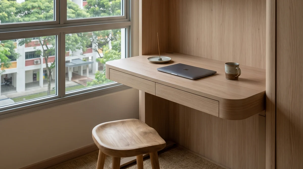 Built-in study nook in a Singapore HDB flat, woven matting laid over the vinyl floor