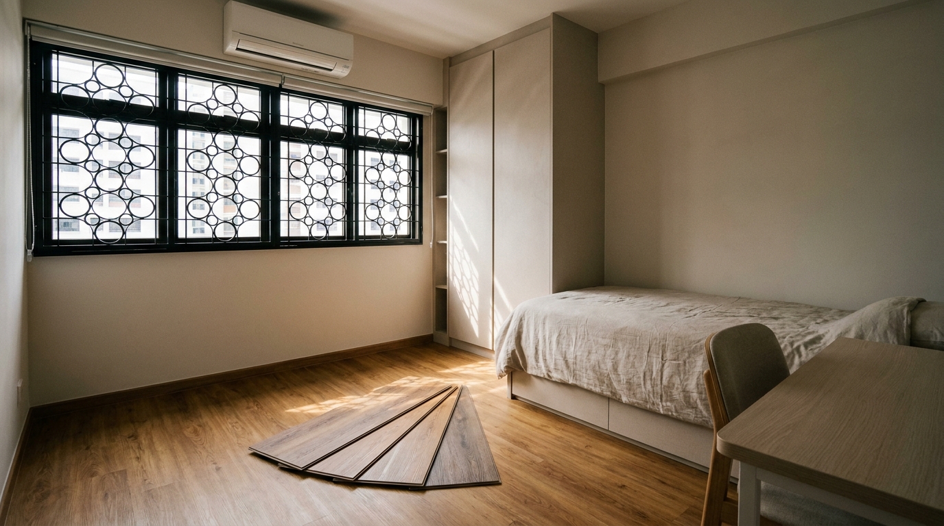 LVT vinyl flooring brands comparison in Singapore HDB home - honey oak planks near aluminium window with security grilles and split-unit aircon